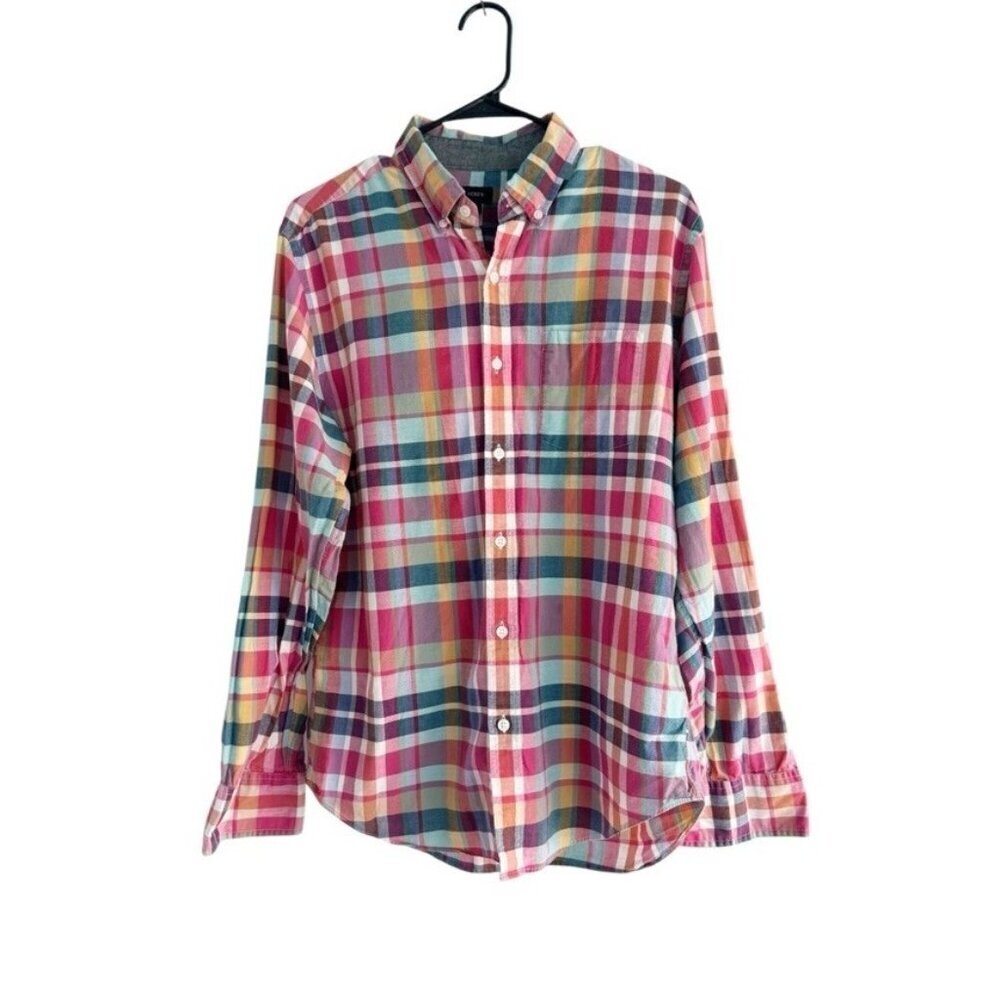 J Crew Men's Sz M Pink Red Blue Orange Plaid Button Down Casual Dress L/S Shirt
